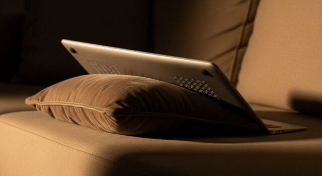 Laptop sul divano: le prese d'aria bloccate dal cuscino che surriscaldano il computer Laptop appoggiato su cuscino di divano con griglie di ventilazione ostruite dal tessuto morbido