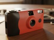 Macchina fotografica usa e getta: il gesto dimenticato che rendeva ogni scatto prezioso Macchina fotografica usa e getta rossa appoggiata su un tavolo in legno, con vecchie stampe fotografiche sfocate sullo sfondo