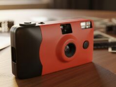 Macchina fotografica usa e getta: il gesto dimenticato che rendeva ogni scatto prezioso Macchina fotografica usa e getta rossa appoggiata su un tavolo in legno, con vecchie stampe fotografiche sfocate sullo sfondo