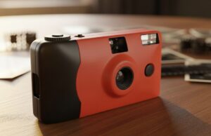 Macchina fotografica usa e getta: il gesto dimenticato che rendeva ogni scatto prezioso Macchina fotografica usa e getta rossa appoggiata su un tavolo in legno, con vecchie stampe fotografiche sfocate sullo sfondo