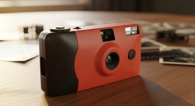 Macchina fotografica usa e getta rossa appoggiata su un tavolo in legno, con vecchie stampe fotografiche sfocate sullo sfondo
