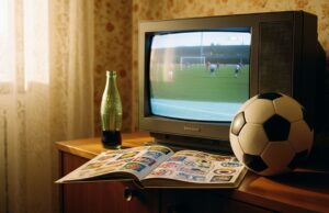 Ciao, la mascotte di Italia ’90: il dettaglio che (quasi) nessuno nota Vecchia TV a tubo catodico anni '90 che trasmette una partita di calcio, con album di figurine, pallone e bottiglia di vetro in un salotto d'epoca