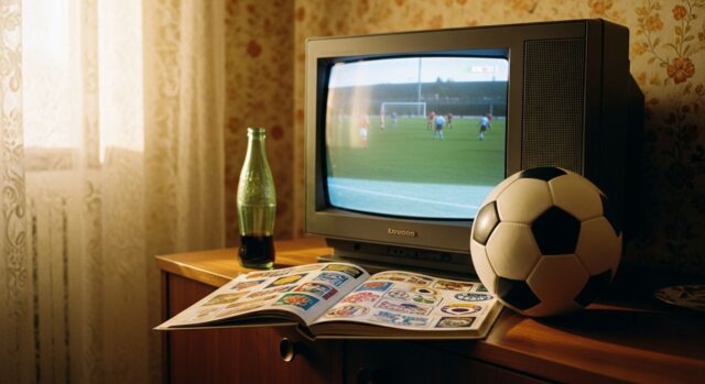 Vecchia TV a tubo catodico anni '90 che trasmette una partita di calcio, con album di figurine, pallone e bottiglia di vetro in un salotto d'epoca