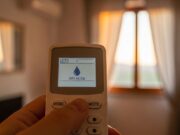 Modalità dry del condizionatore: quando usarla davvero contro l’afa e quando ti danneggia Telecomando del condizionatore con l'icona a goccia della modalità dry attiva sul display, in una stanza durante una serata estiva afosa