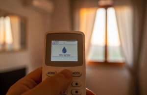 Modalità dry del condizionatore: quando usarla davvero contro l’afa e quando ti danneggia Telecomando del condizionatore con l'icona a goccia della modalità dry attiva sul display, in una stanza durante una serata estiva afosa