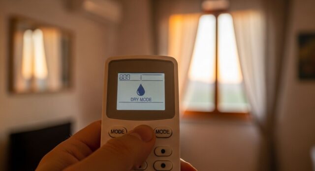 Modalità dry del condizionatore sul telecomando Telecomando del condizionatore con l'icona a goccia della modalità dry attiva sul display, in una stanza durante una serata estiva afosa