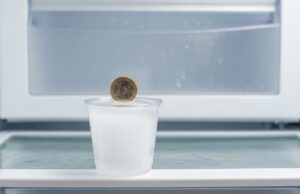 Blackout da caldo record: il trucco della moneta nel freezer che svela se i surgelati sono salvi Bicchiere di plastica trasparente con ghiaccio e moneta da 1 euro in superficie all'interno di un freezer aperto