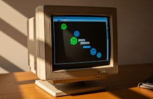 MSN Messenger: il programma che ha insegnato a tutti gli italiani a stare online Monitor CRT anni 2000 con schermata di chat e faccine verdi e blu su scrivania in legno