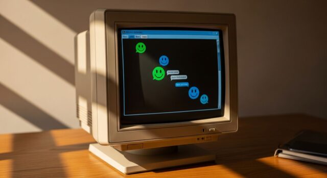 MSN Messenger e la chat degli anni 2000 Monitor CRT anni 2000 con schermata di chat e faccine verdi e blu su scrivania in legno