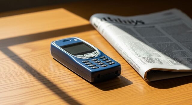 Nokia 3310 blu originale del 2000 poggiato su un tavolo di legno con luce naturale, accanto a un giornale ripiegato