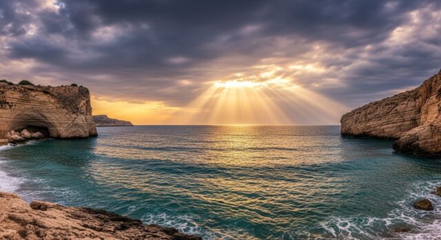 Mare mediterraneo con scogliere rocciose e cielo drammatico al tramonto, atmosfera epica ispirata all'Odissea di Omero