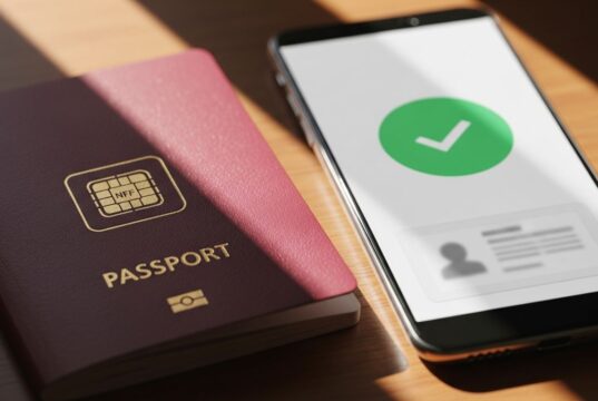 Passaporto su Google Wallet in Italia: cos’è ID Pass e dove non funziona Passaporto elettronico con chip NFC accanto a smartphone con schermata di verifica identità digitale Google Wallet
