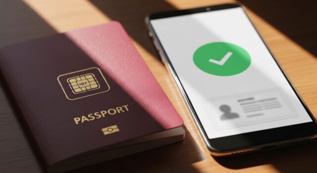 Passaporto elettronico con chip NFC accanto a smartphone con schermata di verifica identità digitale Google Wallet