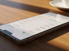 Lo schermo Samsung che oscura la visuale laterale: come attivarlo adesso Smartphone Android senza tasto Home con app bancaria aperta sullo schermo, appoggiato su un piano in legno con luce solare diretta, simbolo dello schermo da proteggere dagli sguardi laterali