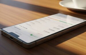 Lo schermo Samsung che oscura la visuale laterale: come attivarlo adesso Smartphone Android senza tasto Home con app bancaria aperta sullo schermo, appoggiato su un piano in legno con luce solare diretta, simbolo dello schermo da proteggere dagli sguardi laterali