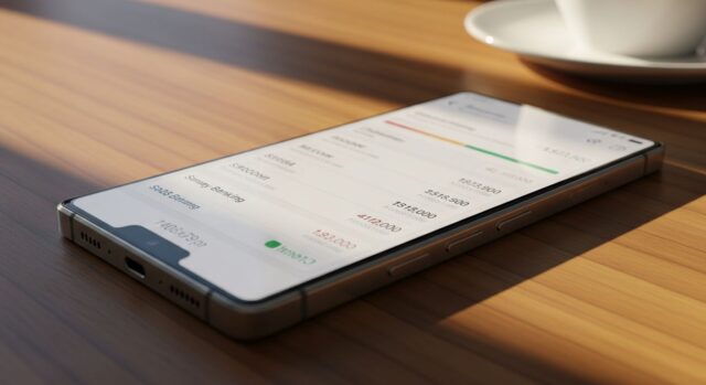 Smartphone Android con app bancaria aperta sul piano di lavoro, schermo esposto agli sguardi laterali Smartphone Android senza tasto Home con app bancaria aperta sullo schermo, appoggiato su un piano in legno con luce solare diretta, simbolo dello schermo da proteggere dagli sguardi laterali