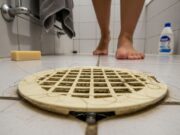 Puzza di fogna al rientro dalle vacanze: lo scarico che tutti dimenticano prima di partire Scarico a pavimento del box doccia ingiallito con capelli intrappolati nella griglia, ripreso dal basso in un bagno domestico con piedi nudi sullo sfondo
