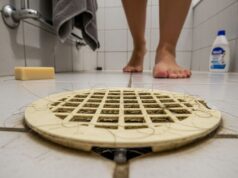 Puzza di fogna al rientro dalle vacanze: lo scarico che tutti dimenticano prima di partire Scarico a pavimento del box doccia ingiallito con capelli intrappolati nella griglia, ripreso dal basso in un bagno domestico con piedi nudi sullo sfondo