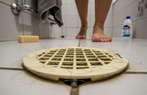 Puzza di fogna al rientro dalle vacanze: lo scarico che tutti dimenticano prima di partire Scarico a pavimento del box doccia ingiallito con capelli intrappolati nella griglia, ripreso dal basso in un bagno domestico con piedi nudi sullo sfondo