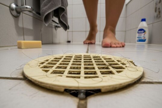 Puzza di fogna al rientro dalle vacanze: lo scarico che tutti dimenticano prima di partire Scarico a pavimento del box doccia ingiallito con capelli intrappolati nella griglia, ripreso dal basso in un bagno domestico con piedi nudi sullo sfondo