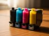 La stampante ferma d’estate perde le cartucce: l’errore che si ripete da trent’anni Quattro cartucce di inchiostro CMYK per stampante inkjet su piano in legno con luce calda estiva