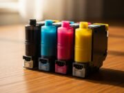 La stampante ferma d’estate perde le cartucce: l’errore che si ripete da trent’anni Quattro cartucce di inchiostro CMYK per stampante inkjet su piano in legno con luce calda estiva