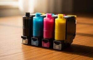 La stampante ferma d’estate perde le cartucce: l’errore che si ripete da trent’anni Quattro cartucce di inchiostro CMYK per stampante inkjet su piano in legno con luce calda estiva
