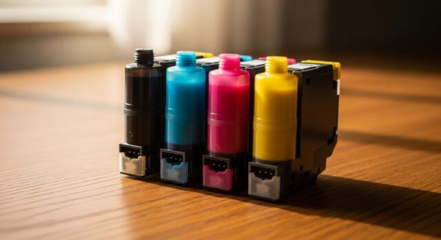 Quattro cartucce di inchiostro CMYK per stampante inkjet su piano in legno con luce calda estiva