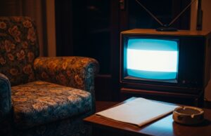 Drive In, il programma degli anni ’80 che cambiò la domenica sera italiana per sempre Televisore CRT anni '80 acceso in un salotto italiano buio con poltrona a fiori e posacenere sul tavolino