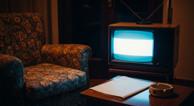 Televisore CRT anni '80 acceso in un salotto italiano buio con poltrona a fiori e posacenere sul tavolino