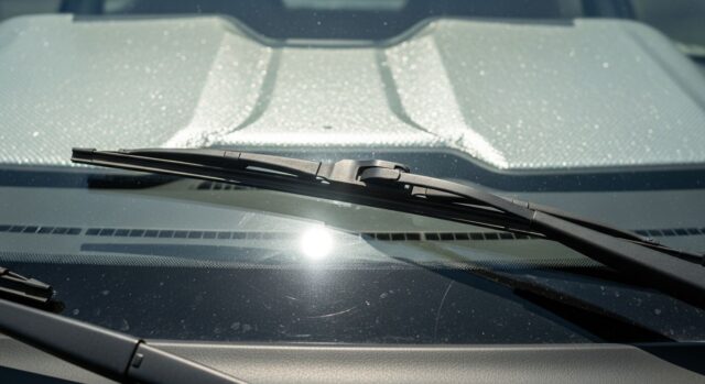 Tergicristalli alzati sul parabrezza di un'auto parcheggiata al sole estivo con parasole riflettente interno visibile