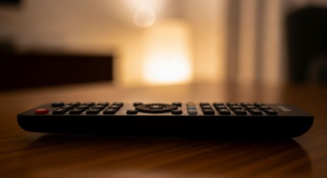 Affari Tuoi si ferma: il calendario del palinsesto fino a settembre Telecomando su tavolo in un salotto di sera, simbolo del cambio di palinsesto TV serale