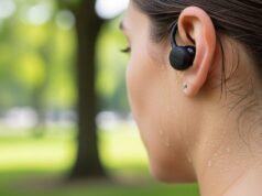 Gli auricolari wireless si rovinano con il sudore: il segnale che ignori prima del guasto Auricolari true wireless a gancio bagnati di sudore durante una corsa all'aperto in estate