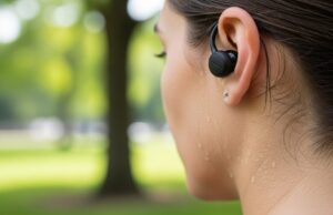 Gli auricolari wireless si rovinano con il sudore: il segnale che ignori prima del guasto Auricolari true wireless a gancio bagnati di sudore durante una corsa all'aperto in estate