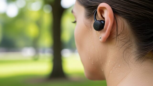 Auricolari true wireless a gancio bagnati di sudore durante una corsa all'aperto in estate