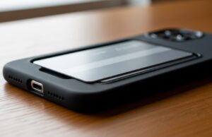 Carta nella cover del telefono: il vero motivo per cui smette di funzionare (non è la calamita) Carta bancomat generica infilata nella tasca porta-carte di una cover nera per smartphone, dettaglio macro della banda magnetica