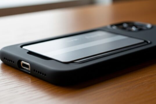 Carta nella cover del telefono: il vero motivo per cui smette di funzionare (non è la calamita) Carta bancomat generica infilata nella tasca porta-carte di una cover nera per smartphone, dettaglio macro della banda magnetica