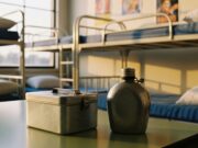 Colonie estive anni ’80 e ’90: perché non erano solo vacanze per i bambini italiani Gavetta e borraccia militari in metallo su un tavolo di formica, con letti a castello sullo sfondo in un dormitorio di una colonia estiva anni '80
