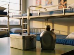 Colonie estive anni ’80 e ’90: perché non erano solo vacanze per i bambini italiani Gavetta e borraccia militari in metallo su un tavolo di formica, con letti a castello sullo sfondo in un dormitorio di una colonia estiva anni '80