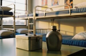 Colonie estive anni ’80 e ’90: perché non erano solo vacanze per i bambini italiani Gavetta e borraccia militari in metallo su un tavolo di formica, con letti a castello sullo sfondo in un dormitorio di una colonia estiva anni '80