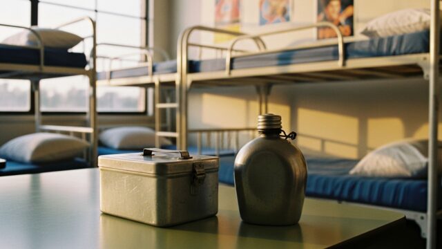 Gli oggetti simbolo delle colonie estive anni '80 e '90 Gavetta e borraccia militari in metallo su un tavolo di formica, con letti a castello sullo sfondo in un dormitorio di una colonia estiva anni '80