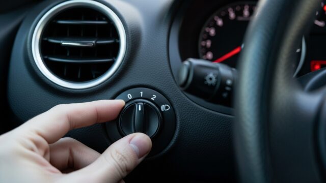 Mano regola il correttore assetto fari sulla plancia dell'auto prima di un viaggio a pieno carico