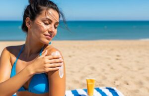 Crema solare in spiaggia: il calore la rende inutile prima di quanto pensi Donna applica la crema solare sulla spalla in spiaggia, con il tubetto appoggiato sull'asciugamano a righe