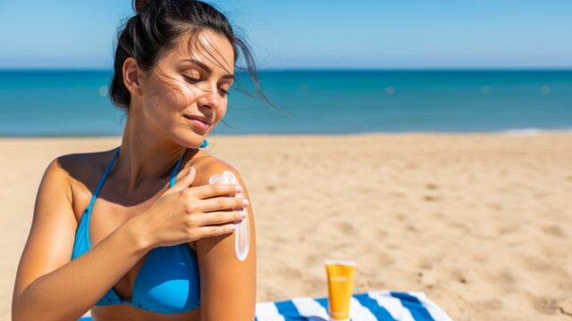 Crema solare in spiaggia: attenzione al caldo estremo Donna applica la crema solare sulla spalla in spiaggia, con il tubetto appoggiato sull'asciugamano a righe