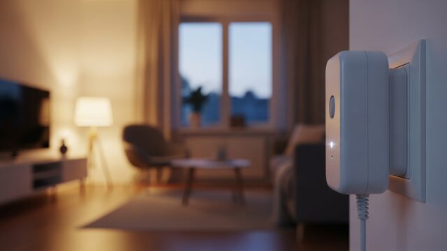 Dispositivo a ultrasuoni contro le zanzare inserito nella presa elettrica di un salotto la sera