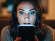 Le foto che cancelli dal telefono non sono sparite: chi può ancora vederle Donna sorpresa mentre guarda lo schermo di uno smartphone acceso al buio, illuminata dal bagliore del display