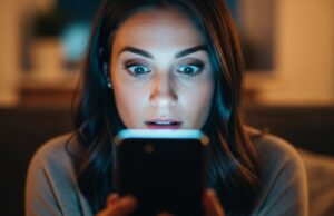 Le foto che cancelli dal telefono non sono sparite: chi può ancora vederle Donna sorpresa mentre guarda lo schermo di uno smartphone acceso al buio, illuminata dal bagliore del display