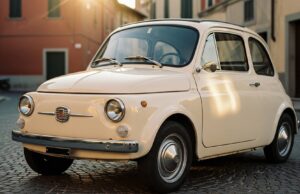 Fiat 500: il caso più unico nella storia dell’automobile riguarda chi la comprò per primo Fiat Nuova 500 del 1957 color avorio parcheggiata su una strada in ciottoli di un borgo italiano al tramonto