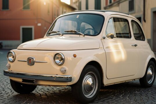 Fiat 500: il caso più unico nella storia dell’automobile riguarda chi la comprò per primo Fiat Nuova 500 del 1957 color avorio parcheggiata su una strada in ciottoli di un borgo italiano al tramonto