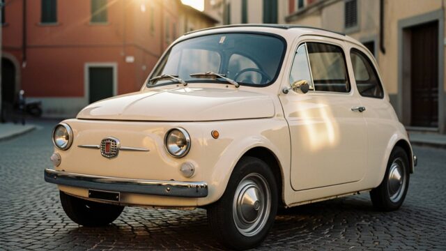 Fiat Nuova 500 del 1957 color avorio parcheggiata su una strada in ciottoli di un borgo italiano al tramonto